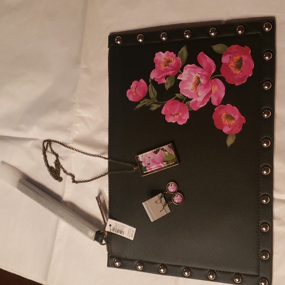 NWT White House/Black Market clutch, black&pink floral, & Matching jewelry